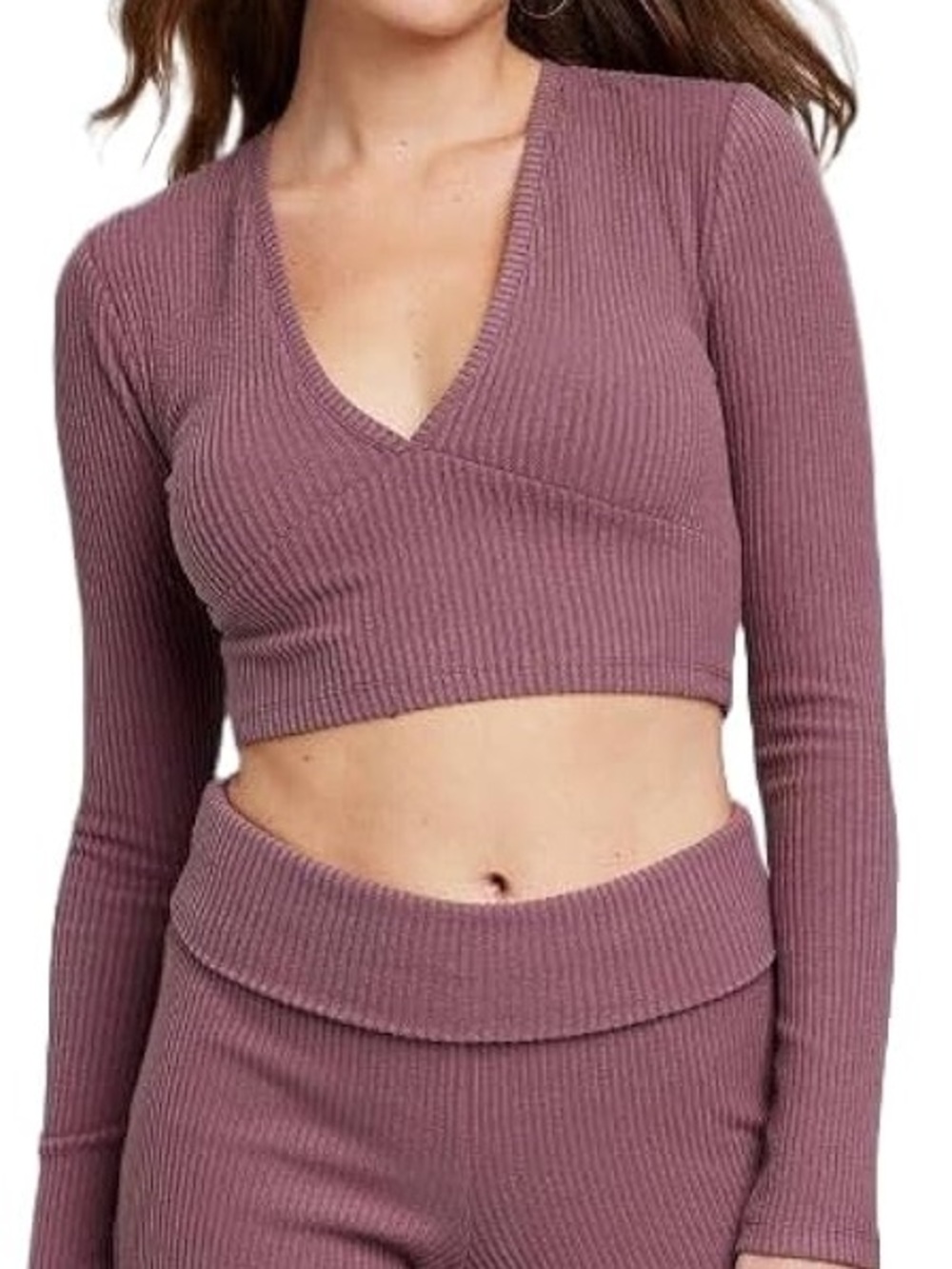 Wild Fabel - Ribbed V-Neck Long Sleeve Crop Top Dusty Mauve